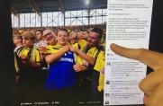 Schalke: Fan präsentiert auf Südtribüne des BVB S04-Trikot