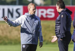 Schalke-Cheftrainer Karel Geraerts und Sportdirektor Marc Wilmots diskutieren. 