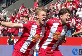 Sandro Plechaty (rechts), hier mit Cedric Harenbrock (Hansa Rostock mittlerweile), hat nach seinem RWE-Abschied einen neuen Verein gefunden.