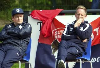 Entspanntes Trainergespann des SC Werden-Heidhausen: Kevin Busse (links) und Danny Konietzko.