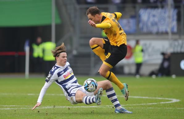 Casper Jander (unten) und der MSV Duisburg mühten sich gegen Dynamo Dresden ohne Erfolg.