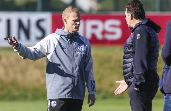 Schalke-Cheftrainer Karel Geraerts und Sportdirektor Marc Wilmots diskutieren. 